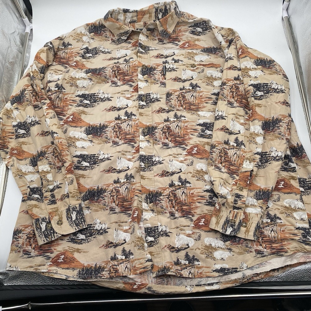 Field & Stream Button Down‎ Shirt Mens 2XL Beige Ram All Over Print Long Sleeve